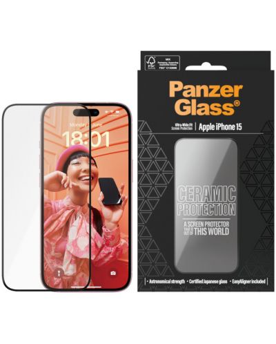Стъклен протектор PanzerGlass - Ceramic Protection, iPhone 15, UWF, черен - 1