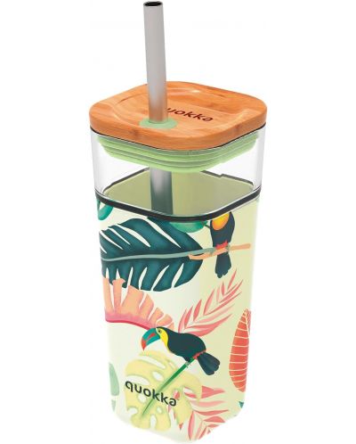 Стъклена чаша със сламка Quokka Liquid Cube - Tropical Toucans, 540 ml - 1