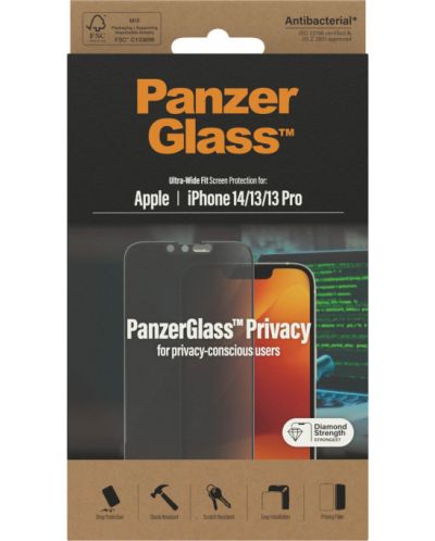 Стъклен протектор PanzerGlass - Privacy AntiBact UWF, iPhone 14/13/13 Pro - 3