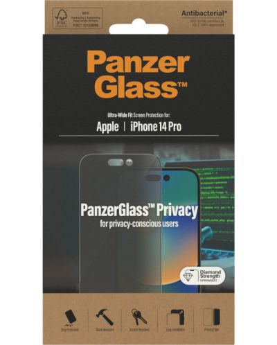 Стъклен протектор PanzerGlass - Privacy AntiBact UWF, iPhone 14 Pro - 3