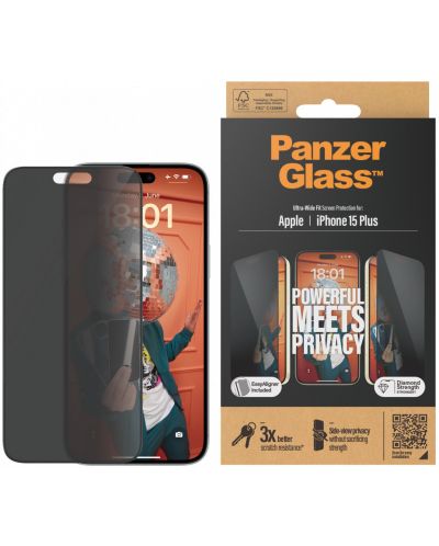 Стъклен протектор PanzerGlass - Privacy UWF, iPhone 15 Plus - 1