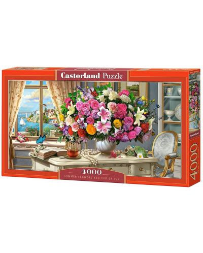 Панорамен пъзел Castorland от 4000 части - Летни цветя и чаша чай - 1