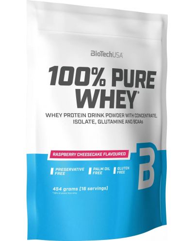100% Pure Whey, малинов чийзкейк, 454 g, BioTech USA - 1