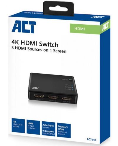 Суич ACT - AC7845, 4K HDMI, 3 порта, с дистанционно, черен - 5