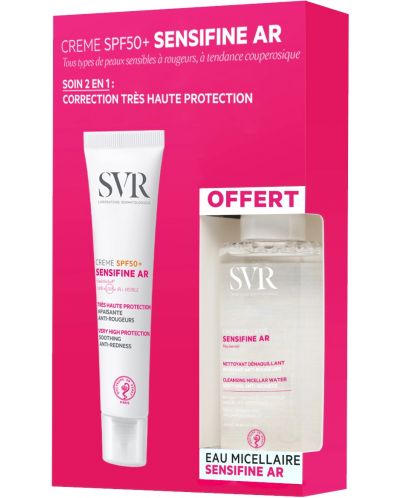 SVR Sensifine AR Комплект - Слънцезащитен крем, SPF 50 + Мицеларна вода, 40 + 75 ml (Лимитирано) - 1