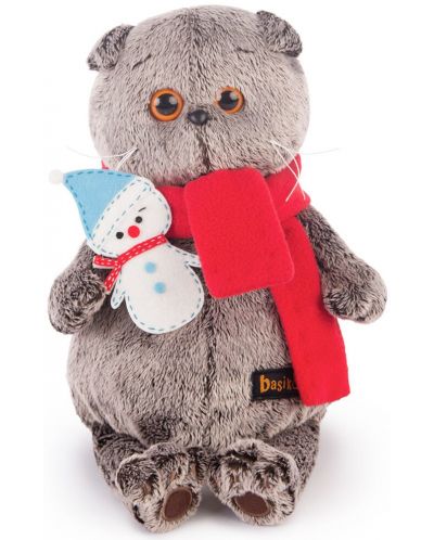 Плюшена играчка Budi Basa - Коте Басик, с шал със снежен човек, 19 cm - 1