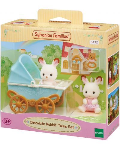 Комплект фигурки Sylvanian Families - Зайчета близнаци, Chocolate, с бебешка количка