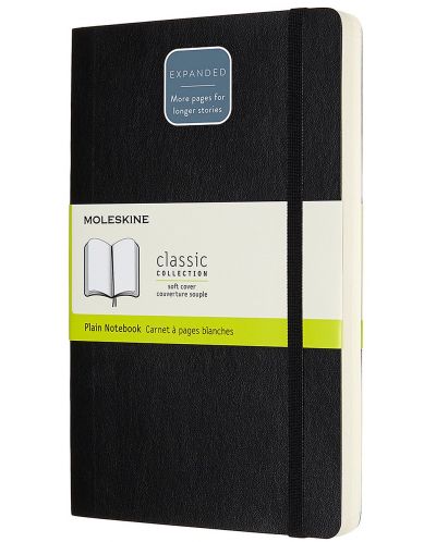 Тефтер с меки корици Moleskine Classic Plain Expanded Large - Черен, бели листове - 1
