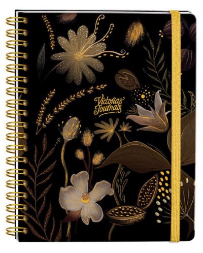 Тефтер Victoria's Journals Florals - Златисто и черно, твърда корица, на точки, 96 листа, А5 - 1