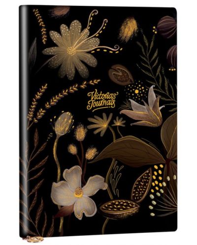 Тефтер Victoria's Journals Florals - Златисто и черно, пластична корица, на точки, 96 листа, А5 - 1