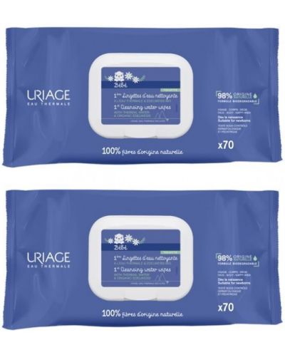Термални почистващи мокри кърпички Uriage - Дуо, 2х70 броя - 1