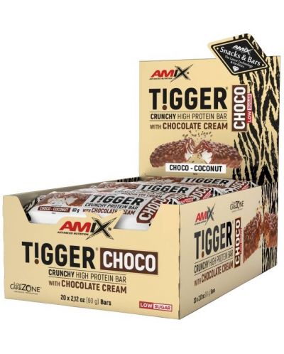 Tigger Zero Choco Protein Bar Box, шоколад и кокос, 20 броя, Amix - 1