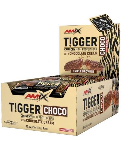 Tigger Zero Choco Protein Bar Box, тройно брауни, 20 броя, Amix - 1