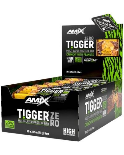 Tigger Zero Bar Box, фъстъчено масло и карамел, 20 броя, Amix - 1