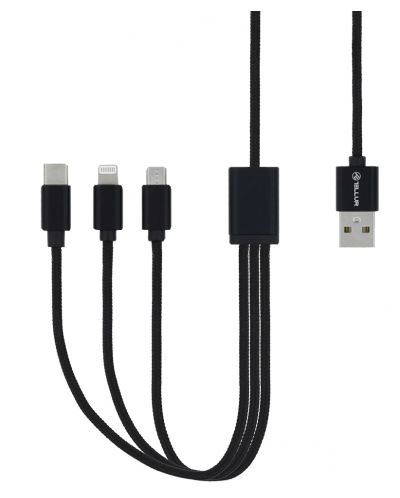 Кабел Tellur - 3 в 1, USB-A/Micro USB/Lightning/USB-C, 1 m, черен - 1