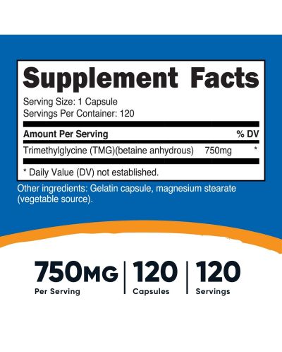 TMG, 750 mg, 120 капсули, Nutricost - 2