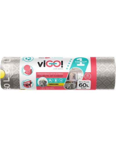 Торби за отпадъци с връзки viGО! - Premium №1, 60 l, 10 броя, сребърни - 1