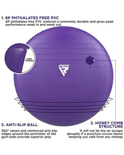 Топка за йога RDX - B1, 75 cm, лилава - 4