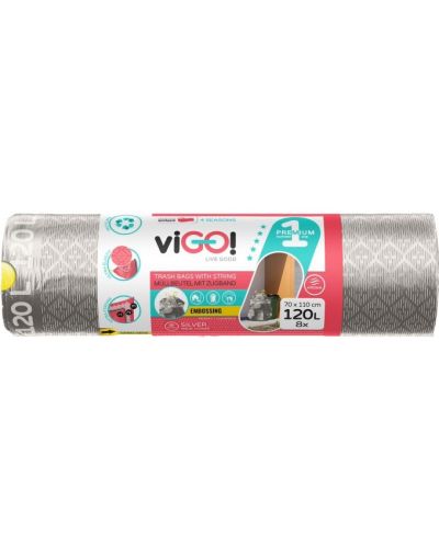 Торби за отпадъци с връзки viGО! - Premium №1, 120 l, 8 броя, сребърни - 1