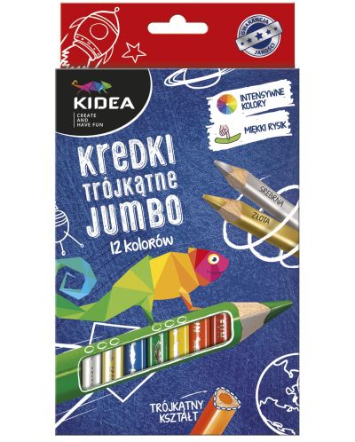Триъгълни цветни моливи Kidea Jumbo - 12 цвята + златен и сребърен - 1