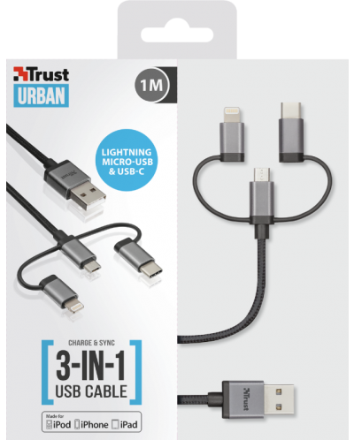 Кабел Trust - 3-in-1, microUSB/ USB-C/Lightning, 1m, черен - 4