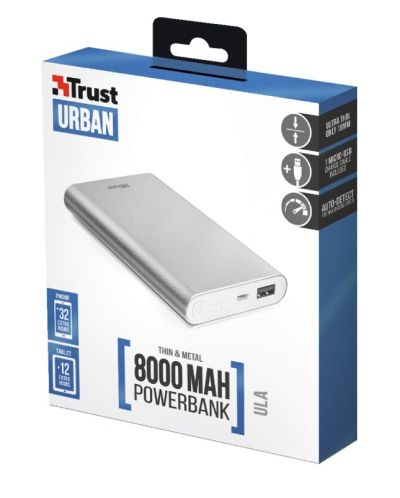 Външна батерия Trust Ula Thin Metal, 8000 mAh - сребриста - 2