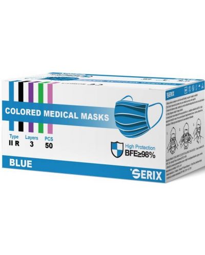 Трислойни медицински маски, сини, 50 броя, Serix - 1