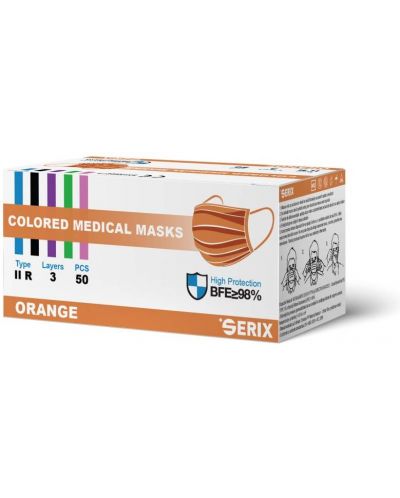Трислойни медицински маски, оранжеви, 50 броя, Serix - 1