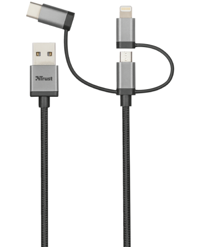 Кабел Trust - 3-in-1, microUSB/ USB-C/Lightning, 1m, черен - 2