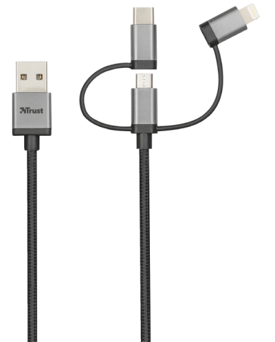 Кабел Trust - 3-in-1, microUSB/ USB-C/Lightning, 1m, черен - 1
