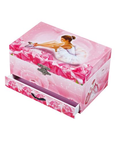 Музикална кутия за бижута Trousselier – розова, с чекмедже и фигура на балерина - 2