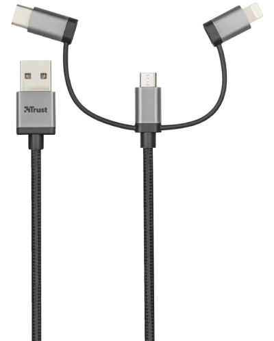 Кабел Trust - 3-in-1, microUSB/ USB-C/Lightning, 1m, черен - 3