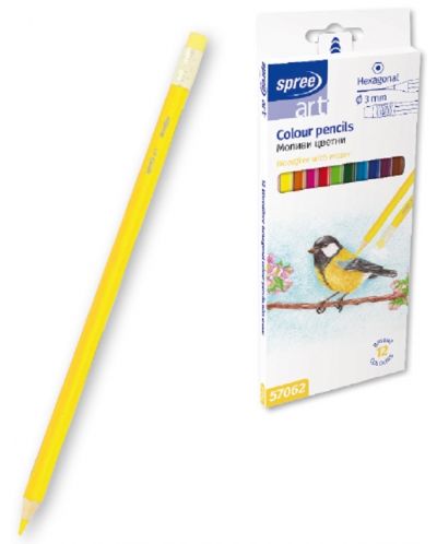 Цветни моливи SpreeArt - Шестоъгълни, Ø 3 mm, 12 цвята с гумичка - 1