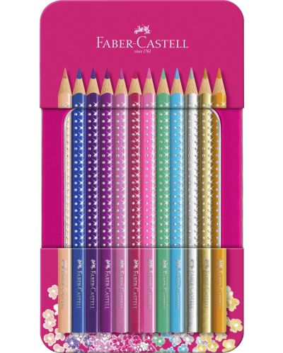 Цветни моливи Faber-Castell Sparkle - 12 цвята, метална кутия - 1