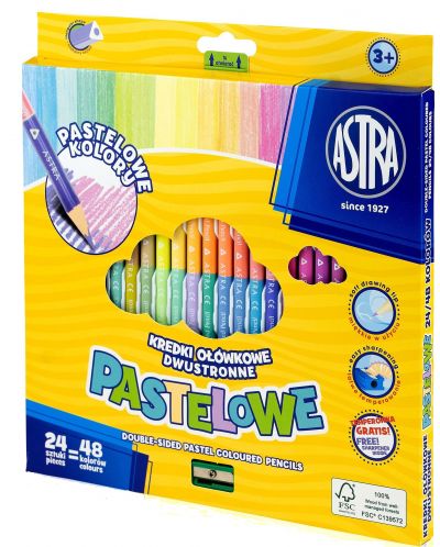 Цветни моливи Astra - Двустранни, 24 броя - 48 цвята + острилка - 1