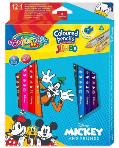 Цветни моливи Colorino Disney Jumbo - Mickey and Friends, 12 + 1 цвята и острилка - 1