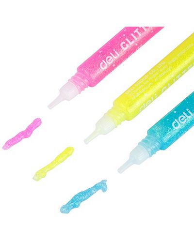 Цветни лепила Deli Stick Up - Glitter Neon, 3 х 12 ml - 2