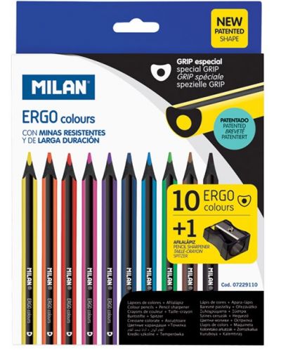 Цветни моливи Milan Ergo - 3.5 mm, 10 цвята + острилка - 1