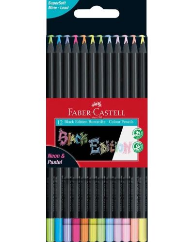Цветни моливи Faber-Castell Black Edition - 12 цвята, неон и пастел - 1
