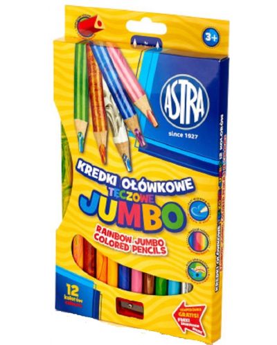 Цветни моливи Astra - Джъмбо, 12 цвята + острилка - 1