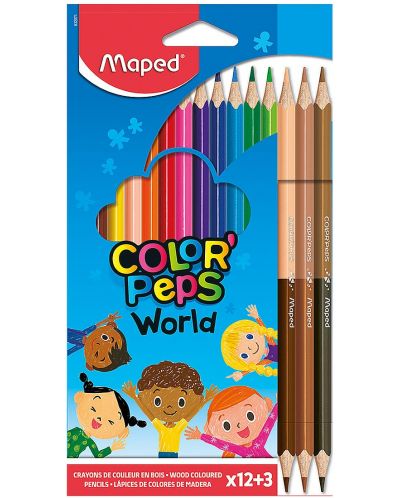Цветни моливи Maped Color Peps - 12 цвята, с 3 броя двувърхи молива - 1