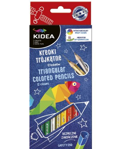 Цветни моливи Kidea - триъгълни, 12 цвята + златен и сребърен - 1