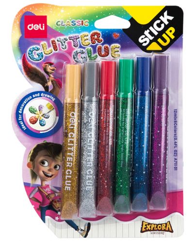 Цветни лепила Deli Stick Up - Glitter Classic, 6 х 12 ml - 1