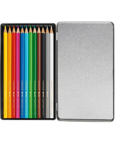 Цветни акварелни моливи Caran d'Ache School - 12 цвята, метална кутия - 2