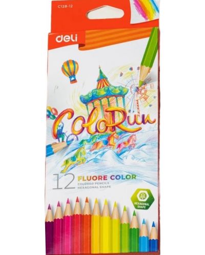 Цветни моливи Deli Colorun - EC128-12, 12 цвята, флуоресцентни - 1