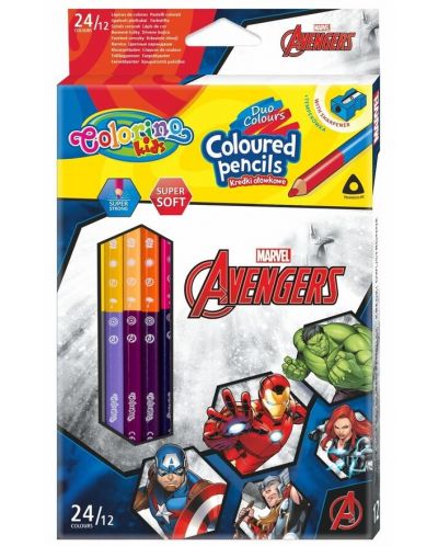 Цветни двувърхи моливи Colorino - Marvel Avengers, 12 цвята и острилка - 1