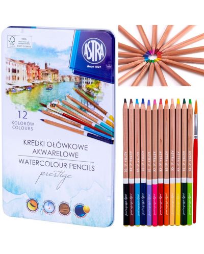 Цветни моливи Astra - акварелни, 12 броя, в метална кутия - 2