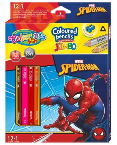 Цветни моливи Colorino - Marvel Spider-Man Jumbo, 12 + 1 цвята и острилка - 1