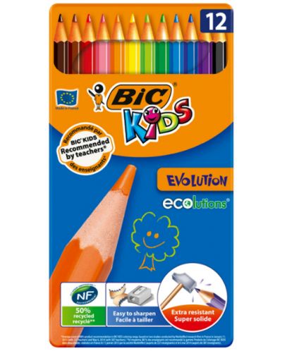 Цветни моливи BIC Kids - Evolution, 12 цвята, метална кутия - 1