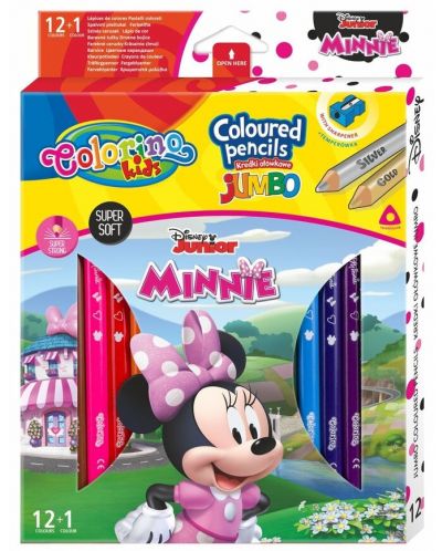Цветни моливи Colorino Disney - Junior Minnie Jumbo, 12 + 1 цвята и острилка - 1
